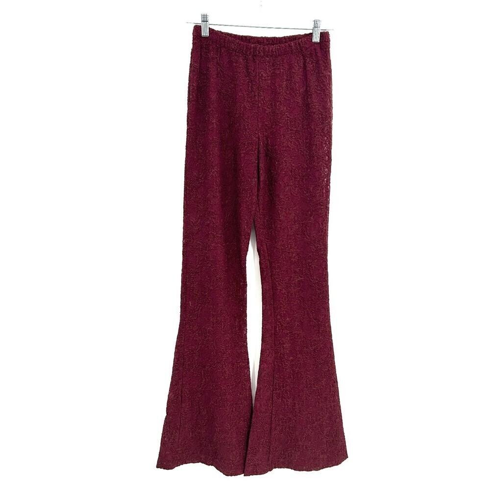 Nwt Chaser Burgundy Lace Pull On Stretch Waist Bell Bottom Wide Leg Pants